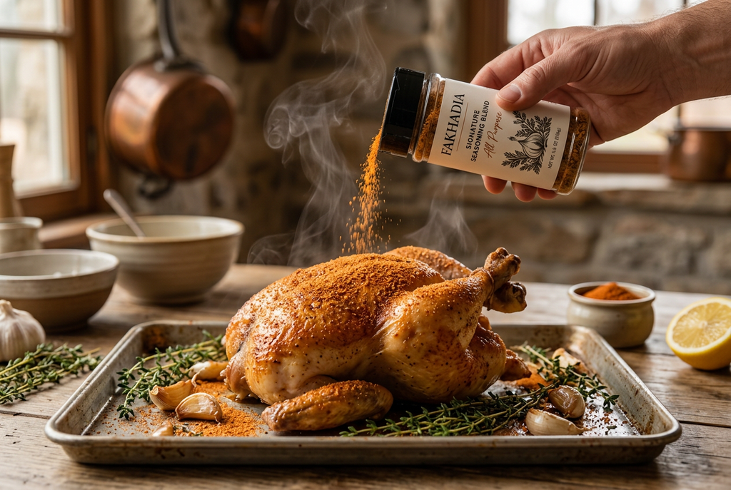 Fakhadia seasoning sprinkled onto roasted chicken with garlic and thyme