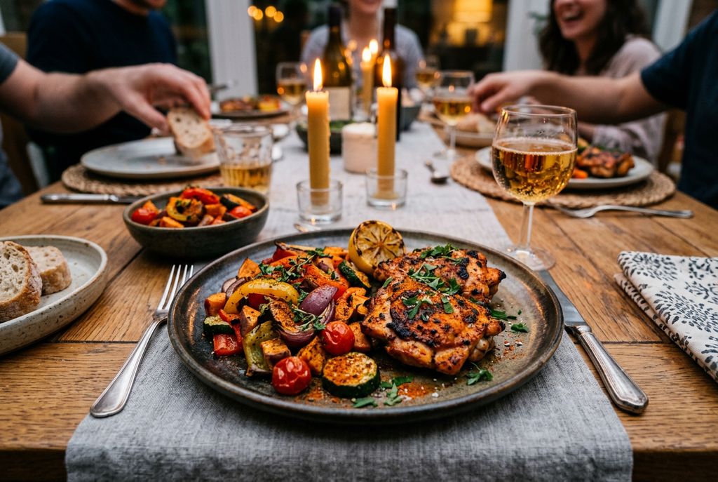 Seasoned chicken and roasted vegetables served on rustic stoneware at a dinner table