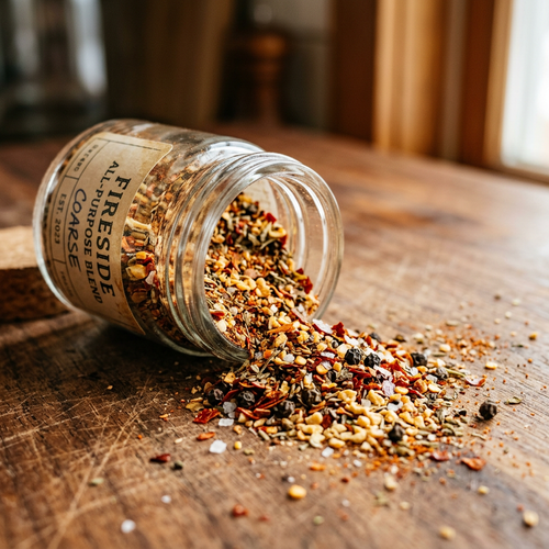 Macro close-up of Fakhadia coarse all-purpose seasoning blend with chili flakes, black pepper, and garlic granules spilling from a glass jar onto a wooden surface