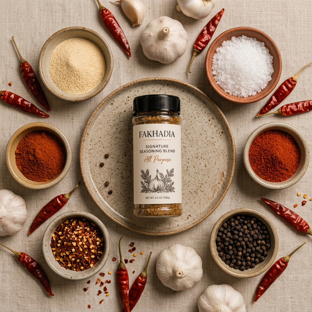 Top-down flat lay of the Fakhadia Signature Seasoning Blend jar surrounded by bowls of garlic powder, sea salt, chili powder, black peppercorns, crushed red pepper, and cayenne